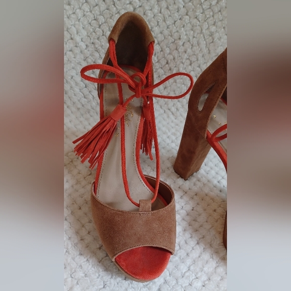 Lord & Taylor 424 Fifth suede platform high heel chunky women size 7 brown - Picture 5 of 9